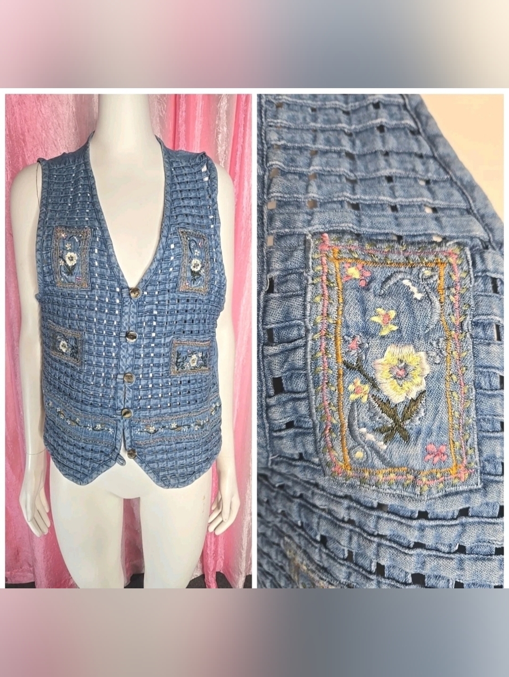 Rosettes Vintage Blue Floral Basket Weave Chambray Embroidered Vest Size Medium